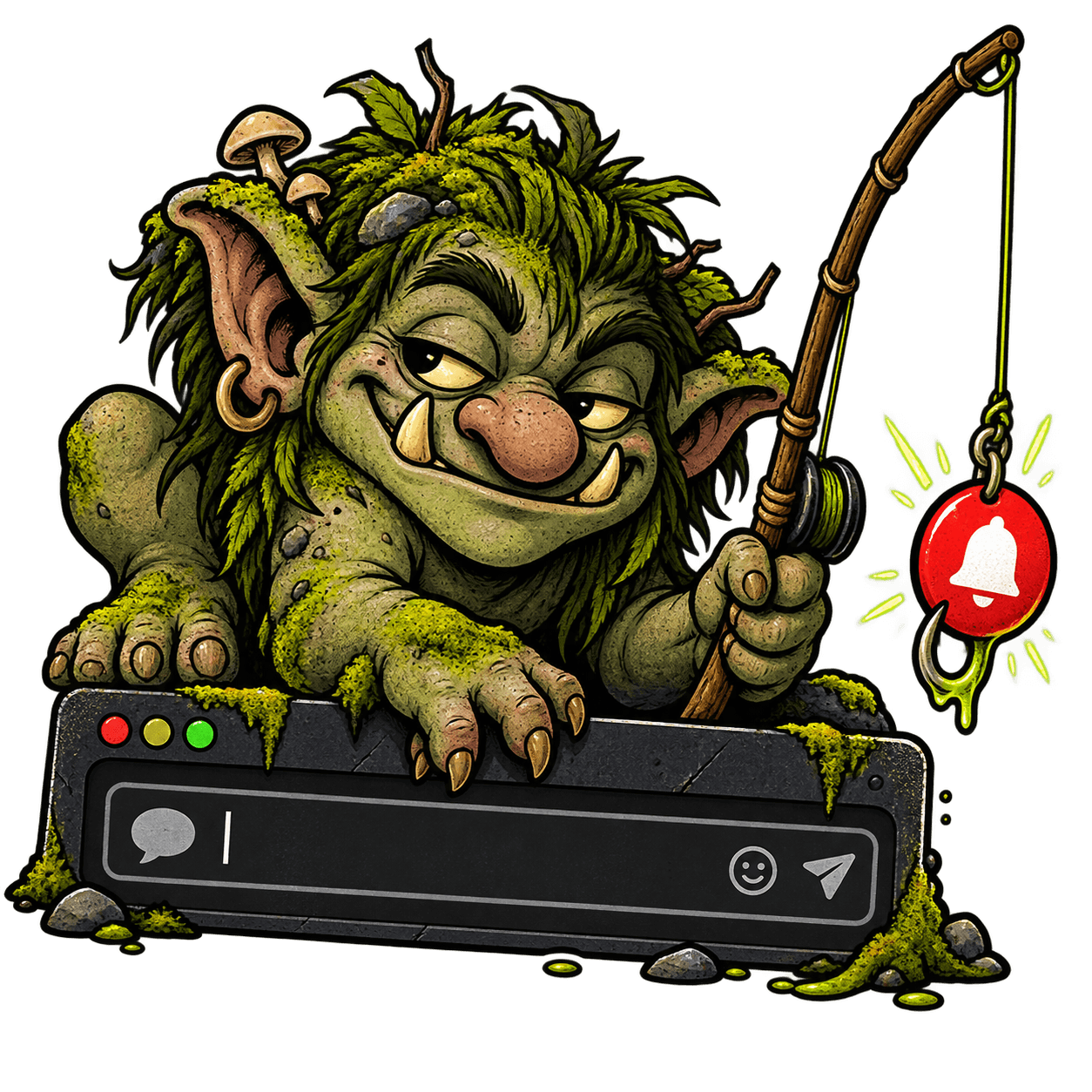 A moss-covered troll emerging from an internet reply box while fishing with a notification badge